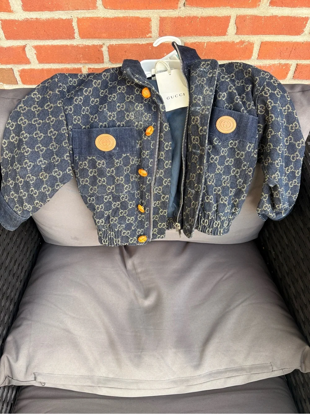 Gucci Kids Dark Blue Monogram Denim Jacket with Tan Buttons
